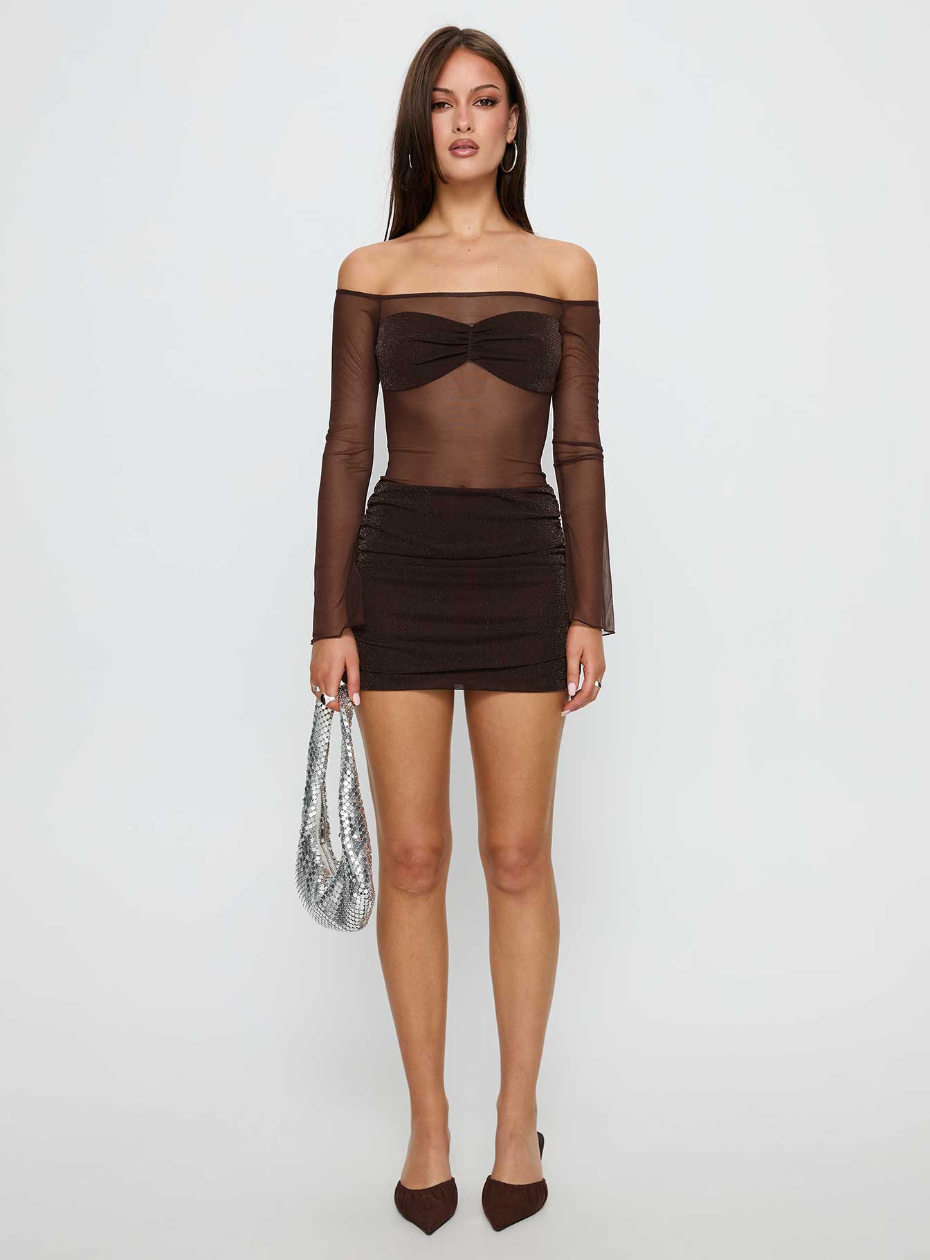 Briseida Mesh Long Sleeve Mini Dress | Chocolate | Womens | Princess Polly Briseida Mesh Long Sleeve Mini Dress | Chocolate | Womens | Princess Polly