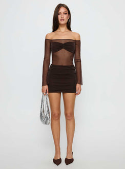 Briseida Mesh Long Sleeve Mini Dress Chocolate