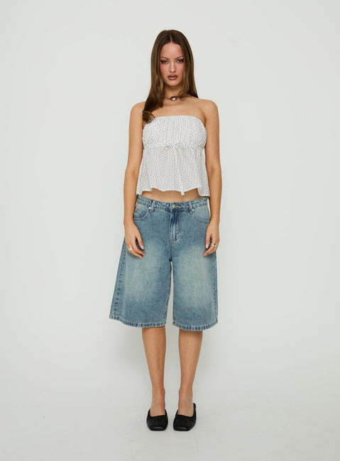 Vaila Strapless Frill Top White Polka Dot