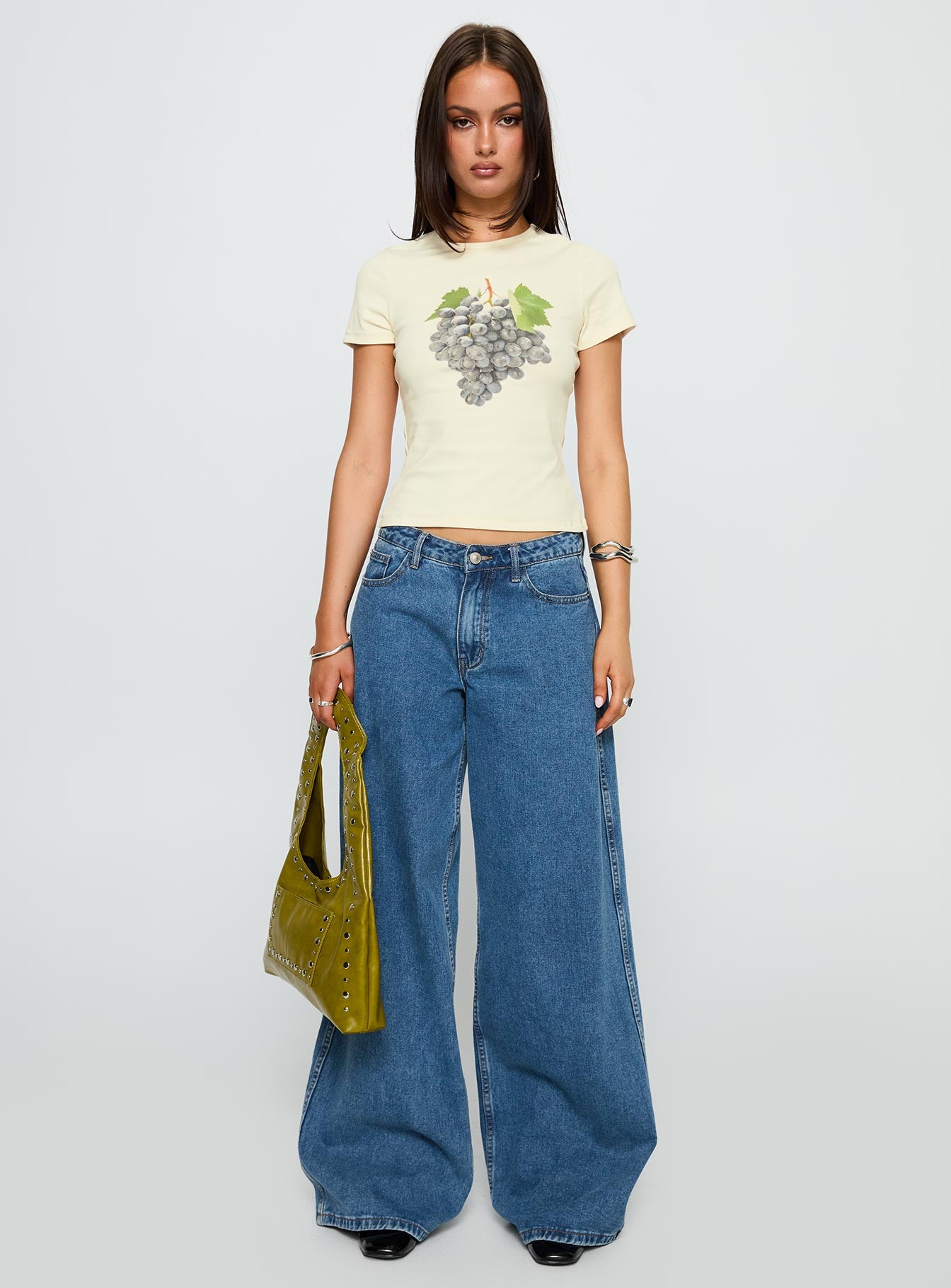 back view of model wearing Princess Polly Grapejuice Graphic Top Cream Short Sleeves Crew Neck 