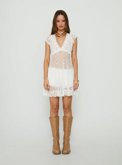 Afortunata Sheer Lace Frill Mini Dress White Polka Dot