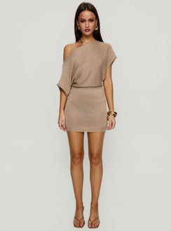 Kysa Off Shoulder Knit Mini Dress Beige
