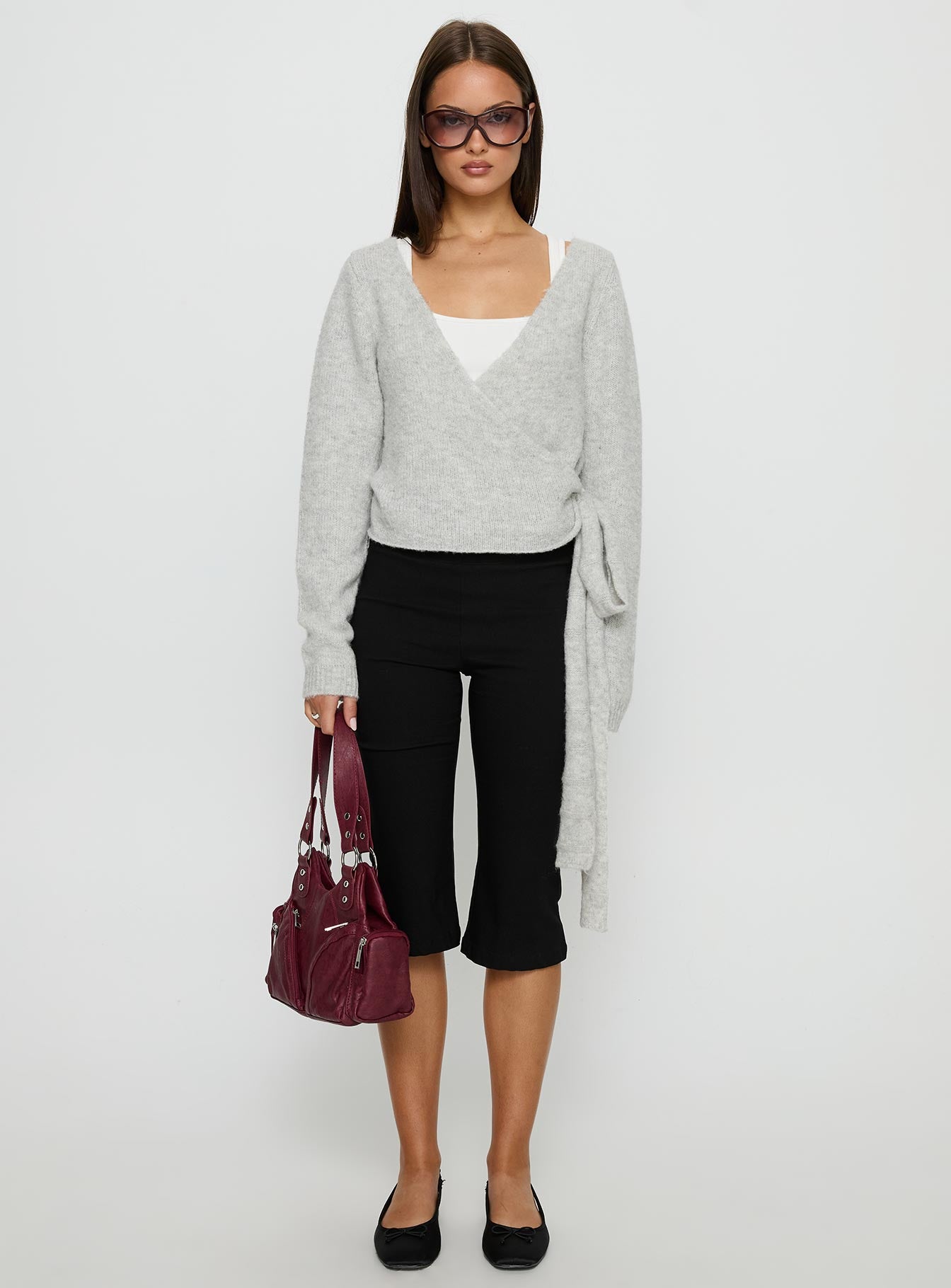 front view of model wearing Princess Polly Tonee Wrap Knit Cardigan Grey Cropped Jumpers 