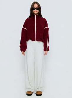 side view of model wearing Princess Polly Sammee Polar Fleece Contrast Zip Through Jacket Red Cropped Jumpers 