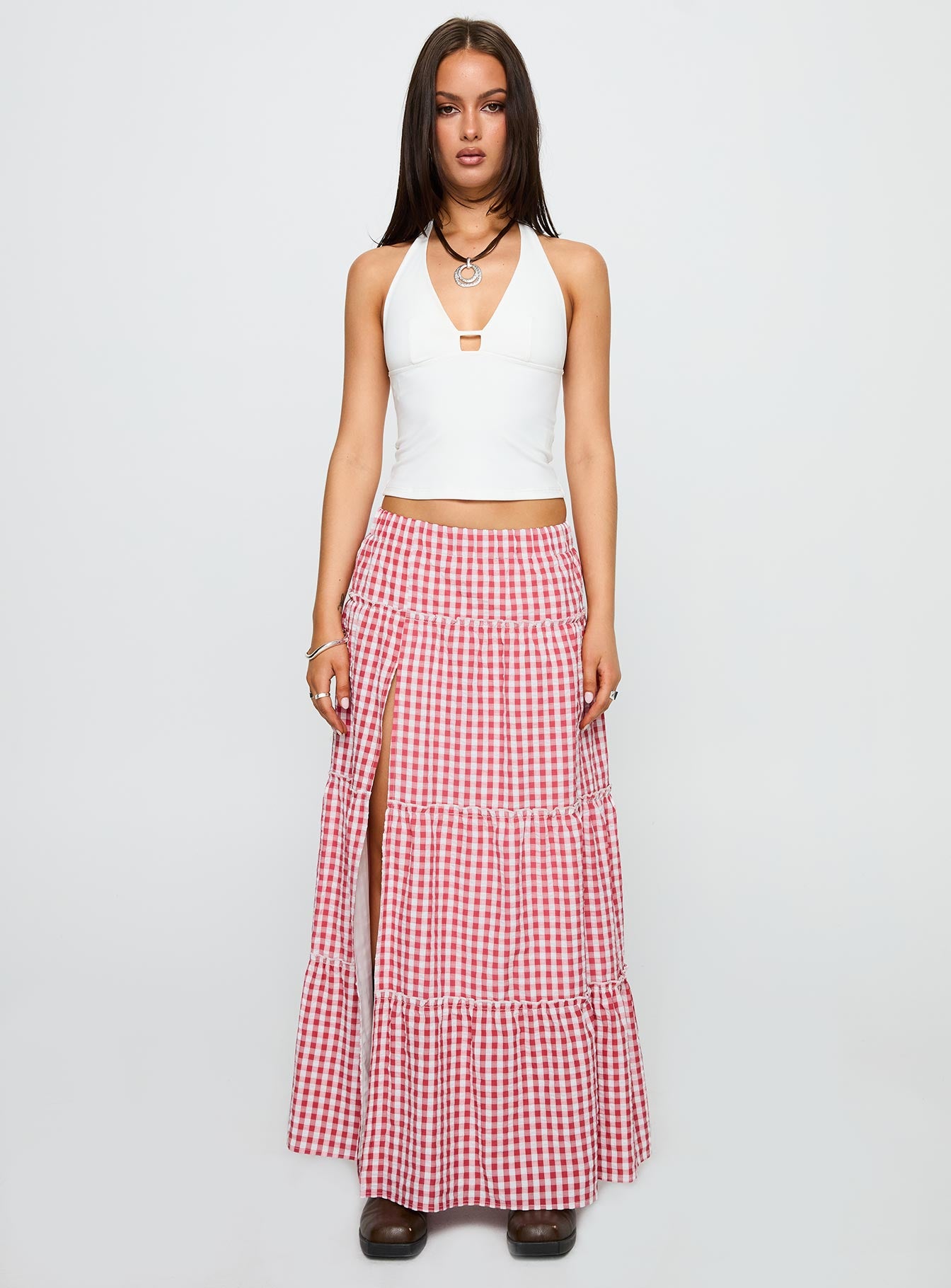   front view of model wearing Princess Polly Ilaina Tiered Maxi Skirt Red Check Maxi 