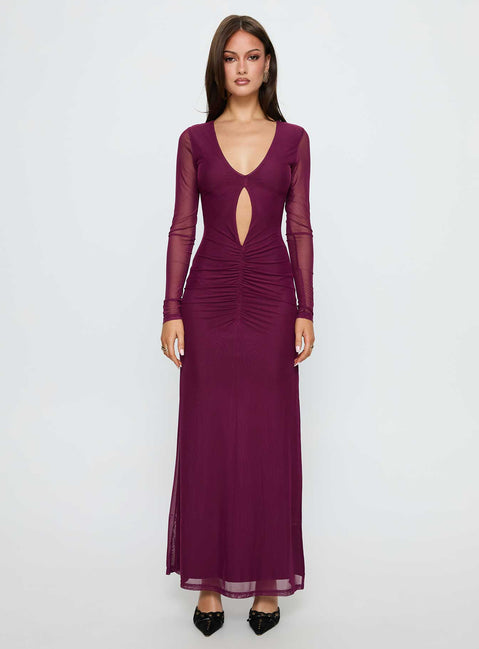 Darkside Long Sleeve Cut Out Plunge Maxi Dress | Plum | Womens | Princess Polly Lower Impact Darkside Long Sleeve Cut Out Plunge Maxi Dress | Plum | Womens | Princess Polly Lower Impact