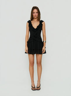 Fawnia Frill Ruched Mini Dress Black