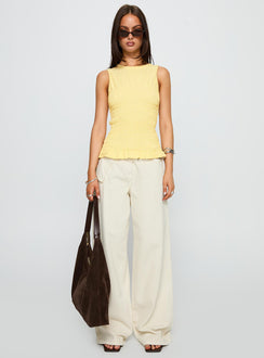 front view of model wearing Princess Polly Maybe Tomorrow Ruched Sleeveless Top Lemon Sleeveless Crew Neck 