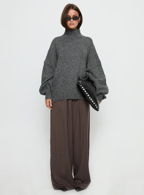 front view of model wearing Princess Polly Bungala Oversized Relaxed Pant Brown Check Mid Rise Pants 