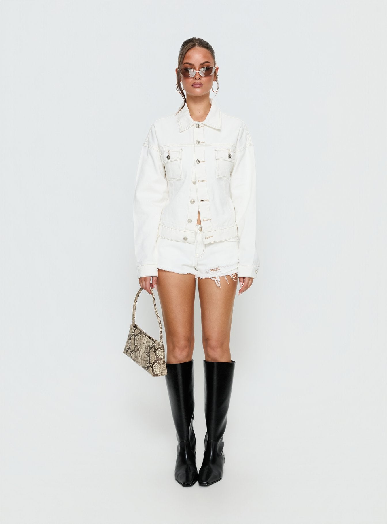 Caresse Cinched Denim Jacket White | Princess Polly