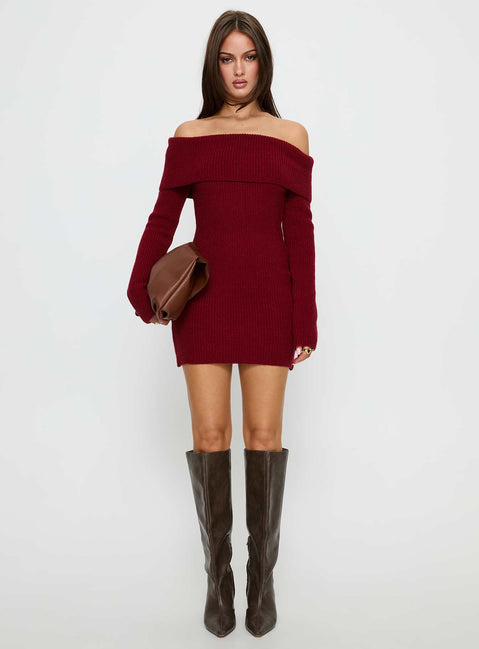 Noriko Long Sleeve Knit Mini Dress Burgundy