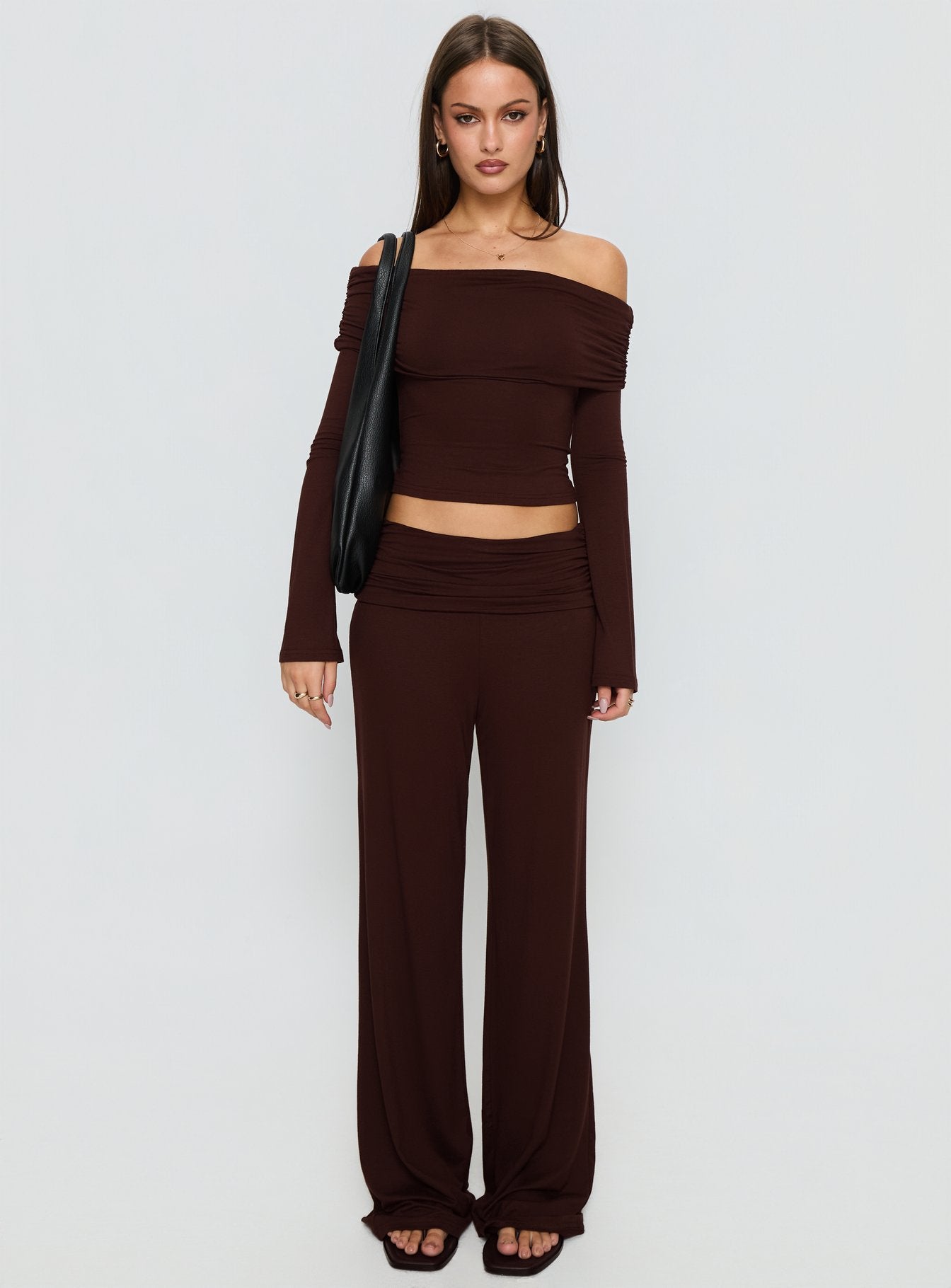 front view of model wearing Princess Polly Fawne Ruched Folded Pants Brown Mid Rise Pants 