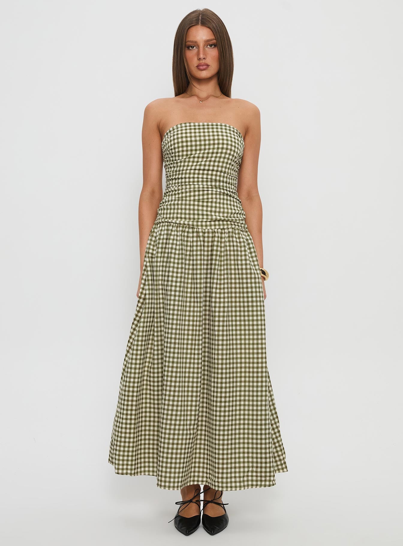 Frankey Strapless Drop Waist Maxi Dress Green Check