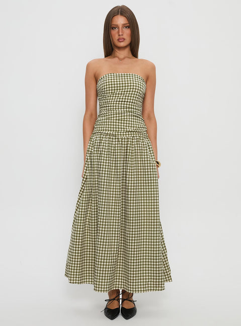 Frankey Strapless Drop Waist Maxi Dress Green Check