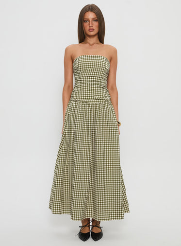 Frankey Strapless Drop Waist Maxi Dress Green Check
