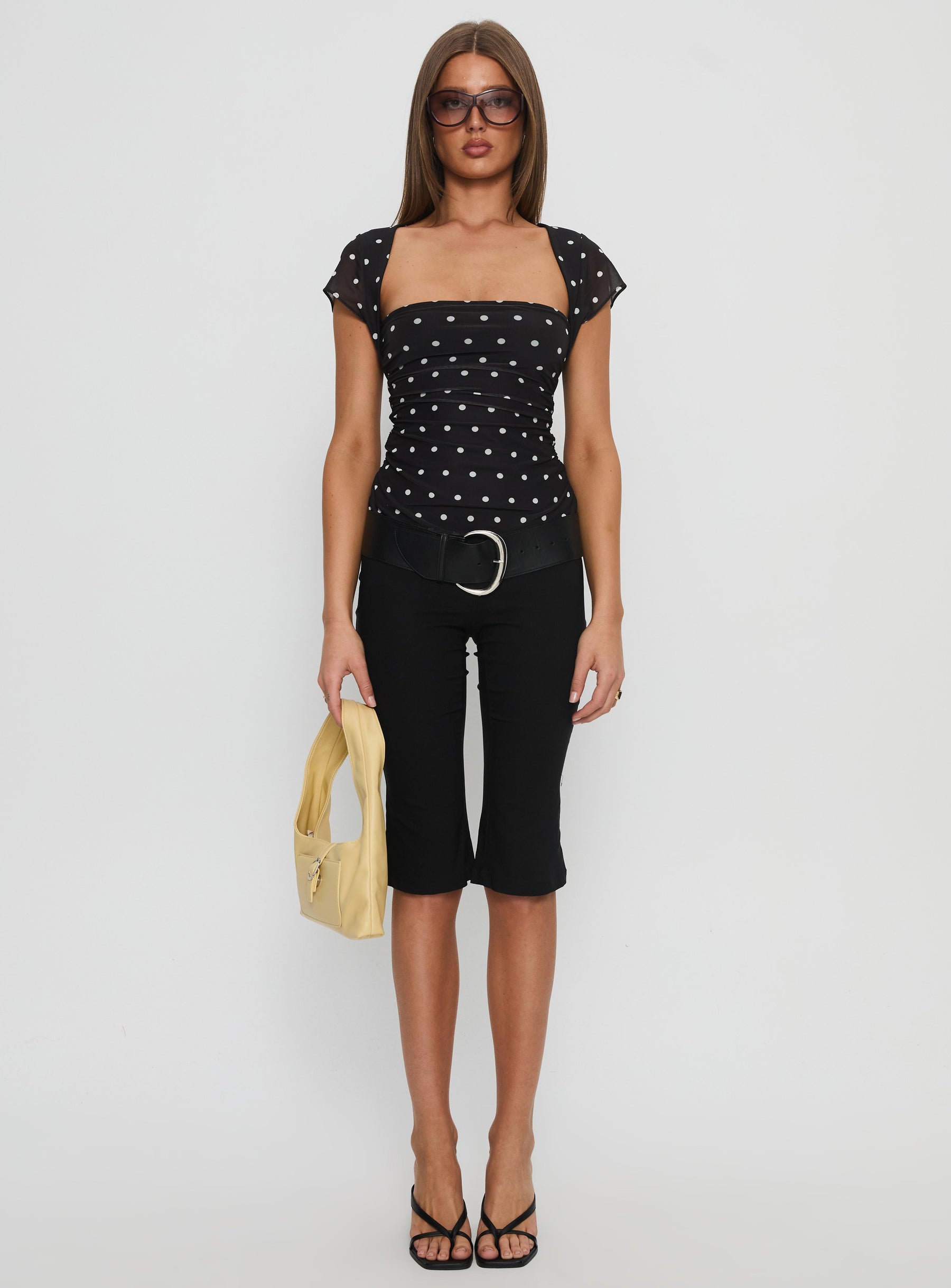 Attraction Cap Sleeve Mesh Top Black Polka