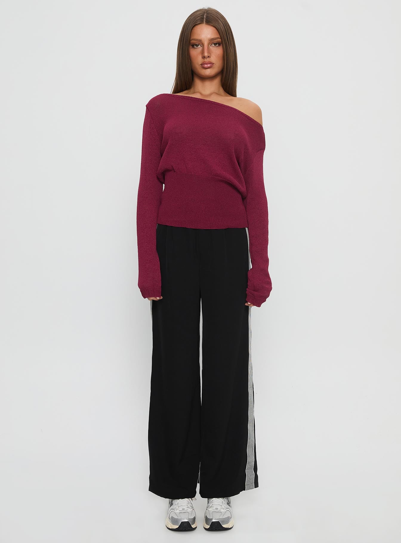 front view of model wearing Princess Polly Fusion Tailored Track Pant Black High Rise Pants 