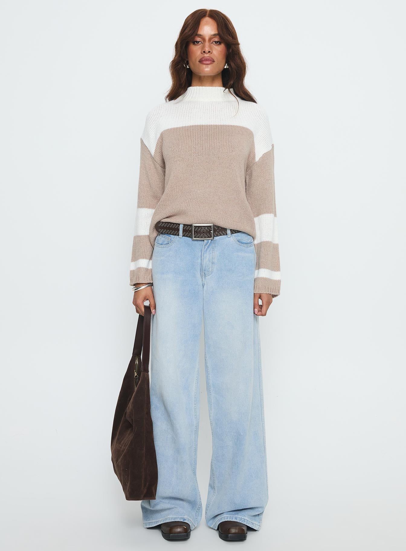 side view of model wearing Princess Polly Brandalyn Contrast Mock Neck Knit Sweater Multi 