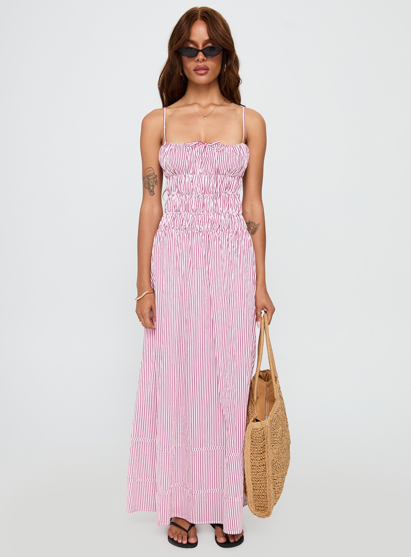 front view of model wearing Princess Polly Loralei Shirred Maxi Dress Red Stripe Square Neck 