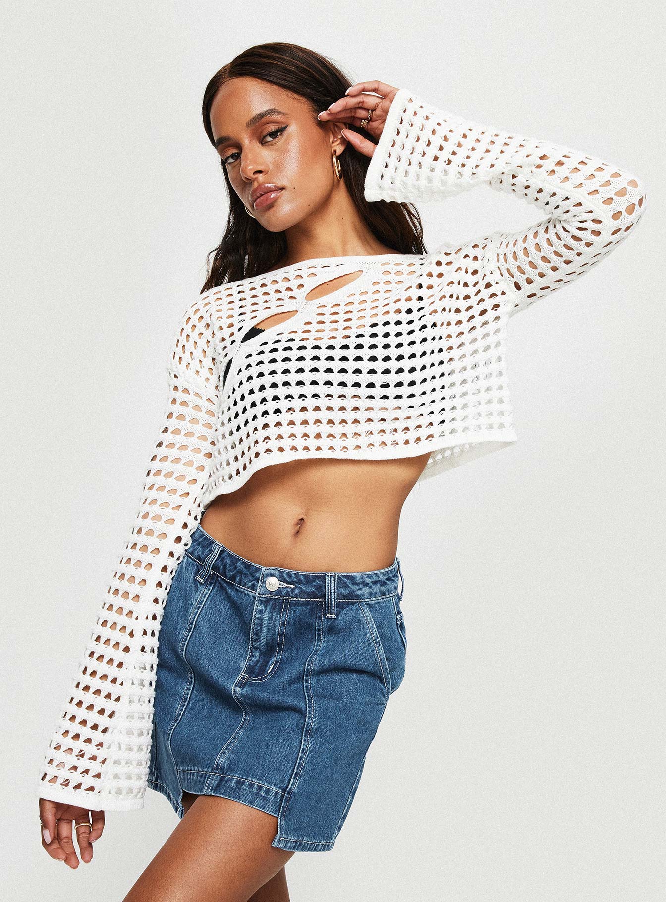 Acacia Asymmetric Cut-Out Sweater Cream Princess Polly  Cropped 