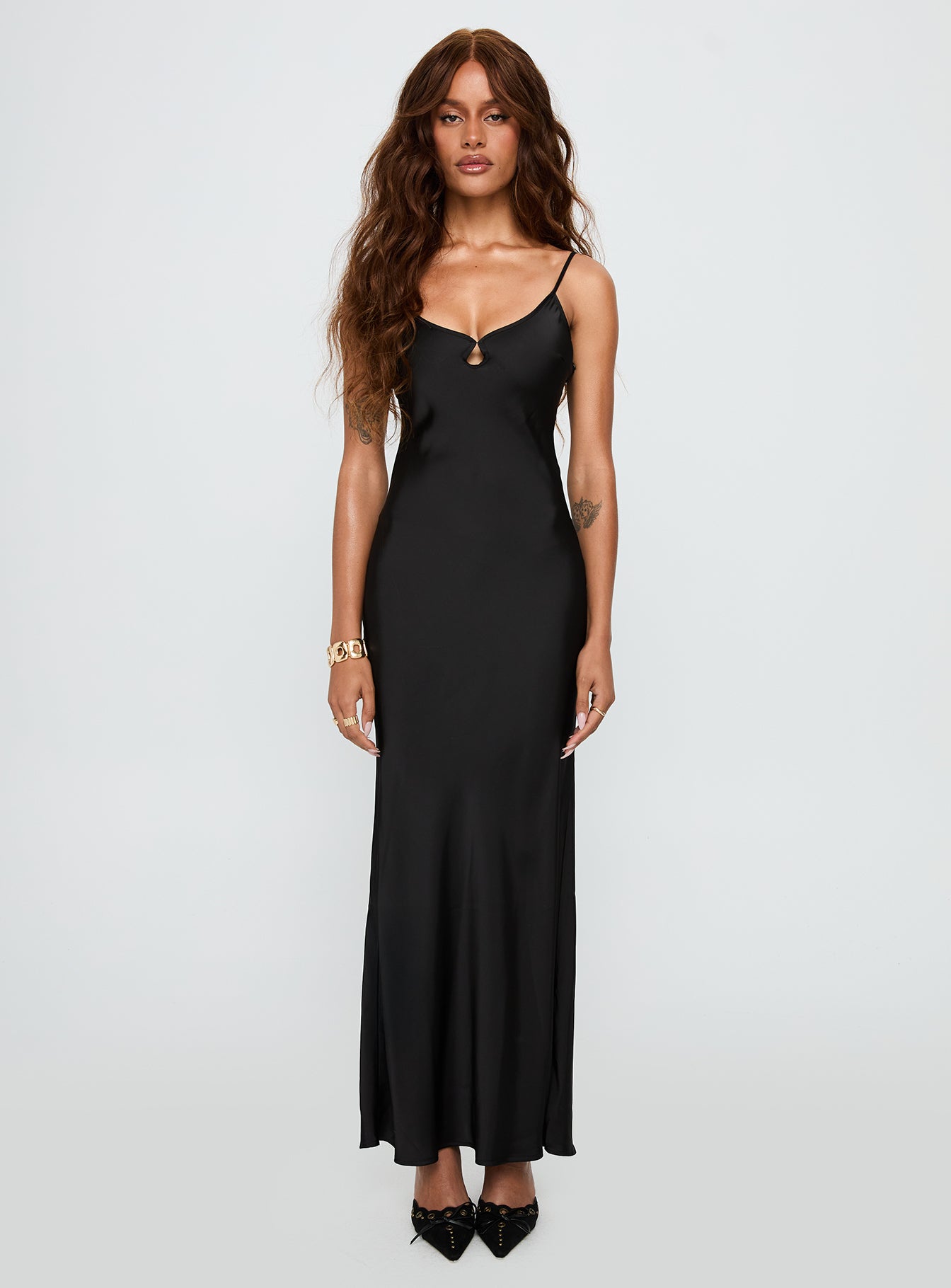 front view of model wearing Princess Polly Mind Reader Maxi Dress Black Scoop Neck 