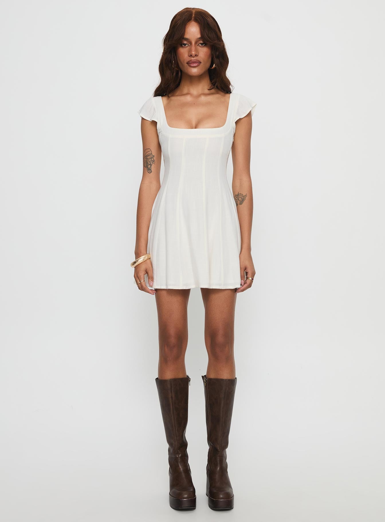 Annah Cap Sleeve Tie Up Mini Dress White | Princess Polly