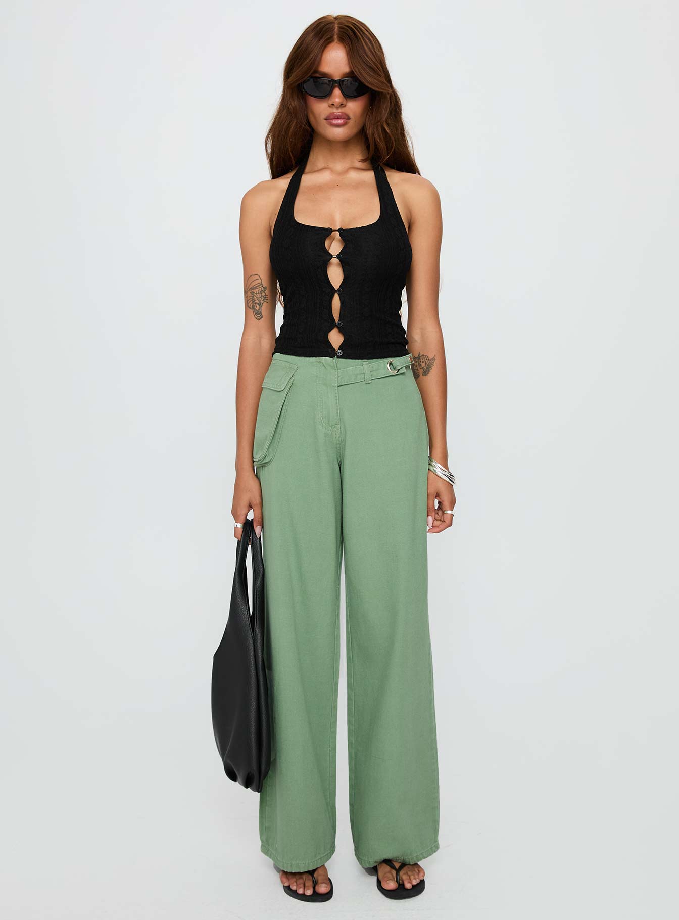 front view of model wearing Princess Polly Just Talk Button Up Top Black Sleeveless Scoop Neck 