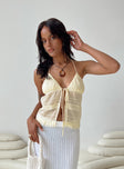 Front view of model wearing  front Princess Polly Sleeveless Square Neck  Chantria Top Lemon Ruffle