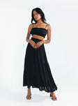 Matching set Crop top Ruched design Adjustable shoulder straps Maxi skirt Elasticated waistband Tiered skirt