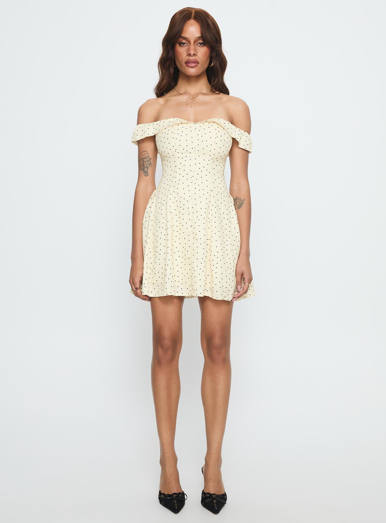 Rosebud Off The Shoulder Mini Dress Yellow / Polka Dot | Princess