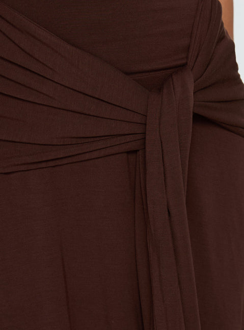 Moonlit Honey Asymmetrical Halter Jersey Midi Dress Chocolate