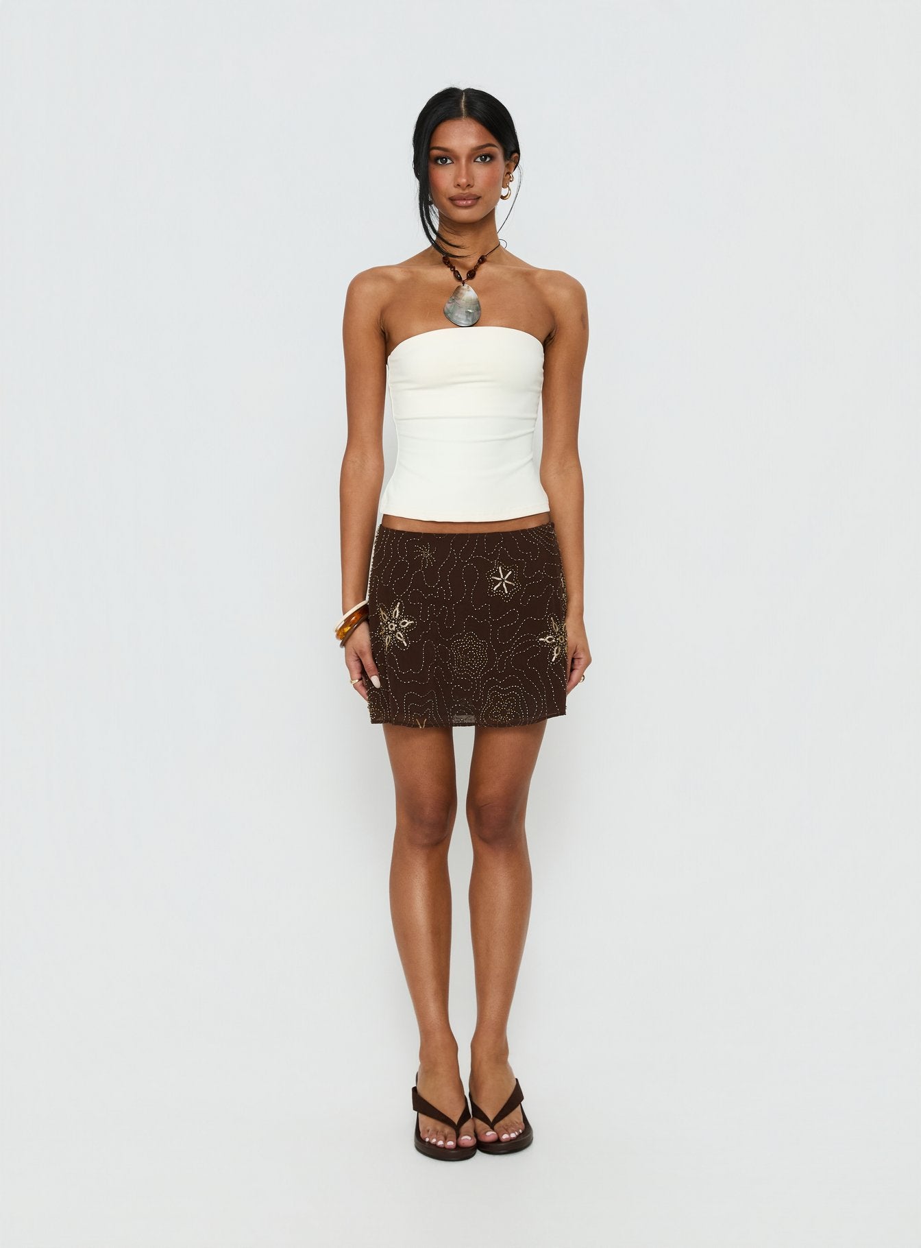 Nanci Beaded Mini Skirt Brown | Princess Polly