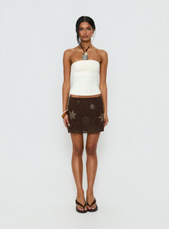   front view of model wearing Princess Polly Nanci Beaded Mini Skirt Brown Mini Skirts 