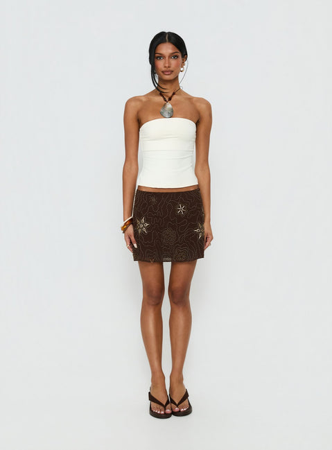   front view of model wearing Princess Polly Nanci Beaded Mini Skirt Brown Mini Skirts 