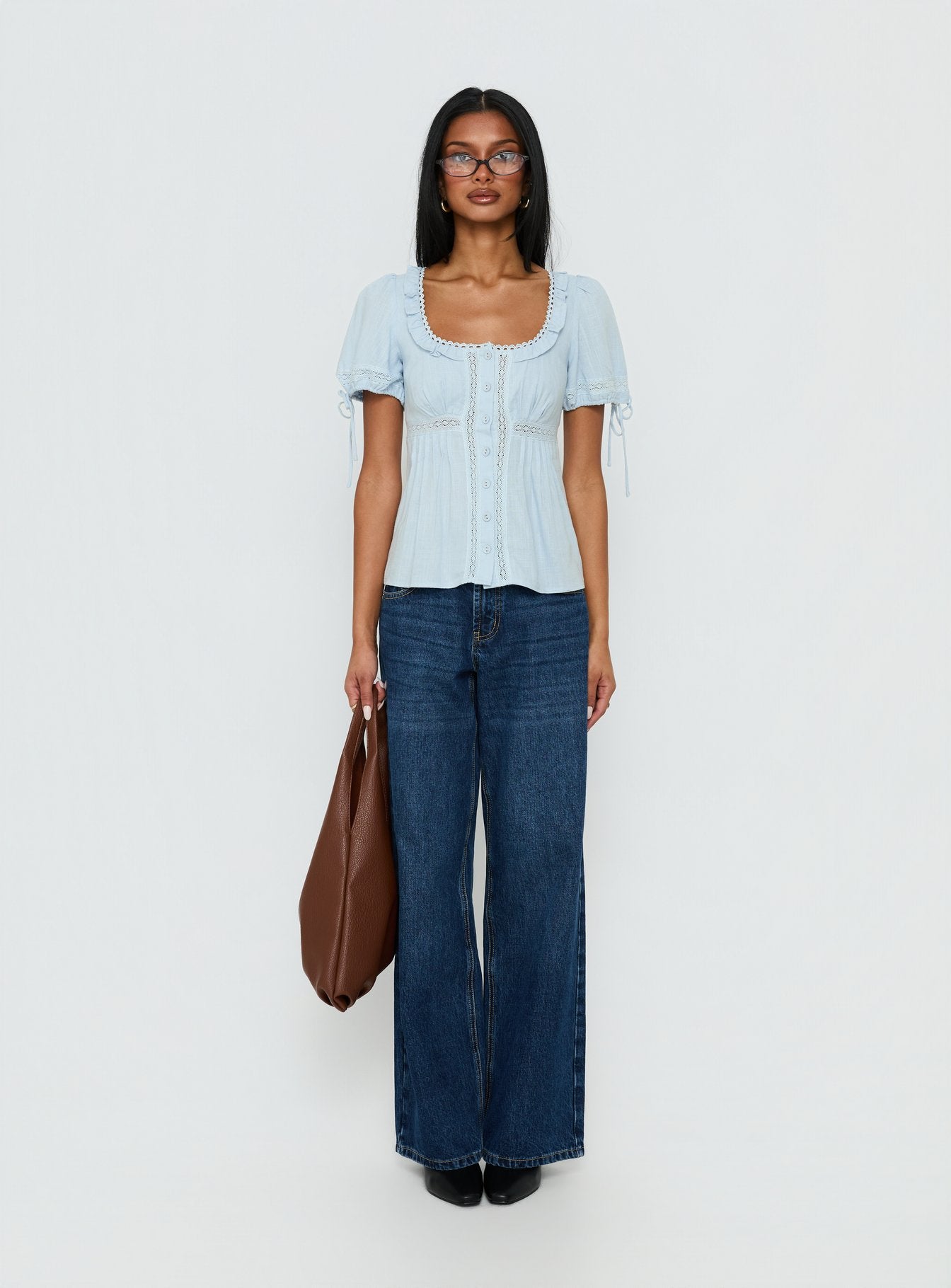 トップス andmary Paula lacey chiffon tops blue ANDMARY】Paula lacey chiffon tops