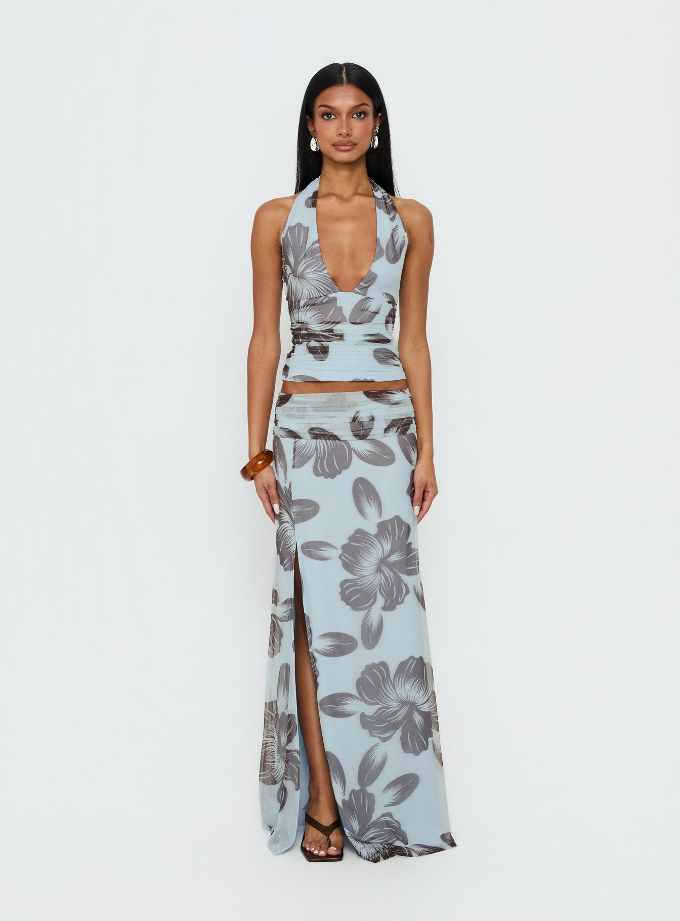 Roselin Mesh Halter Top Blue Floral | Princess Polly