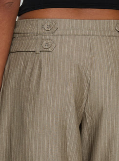 side view of model wearing Princess Polly Jette Tailored Buckle Pant Taupe Pinstripe Mid Rise Pants 