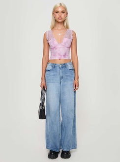 front view of model wearing Princess Polly Typha Top Pink Floral Sleeveless Plunger 