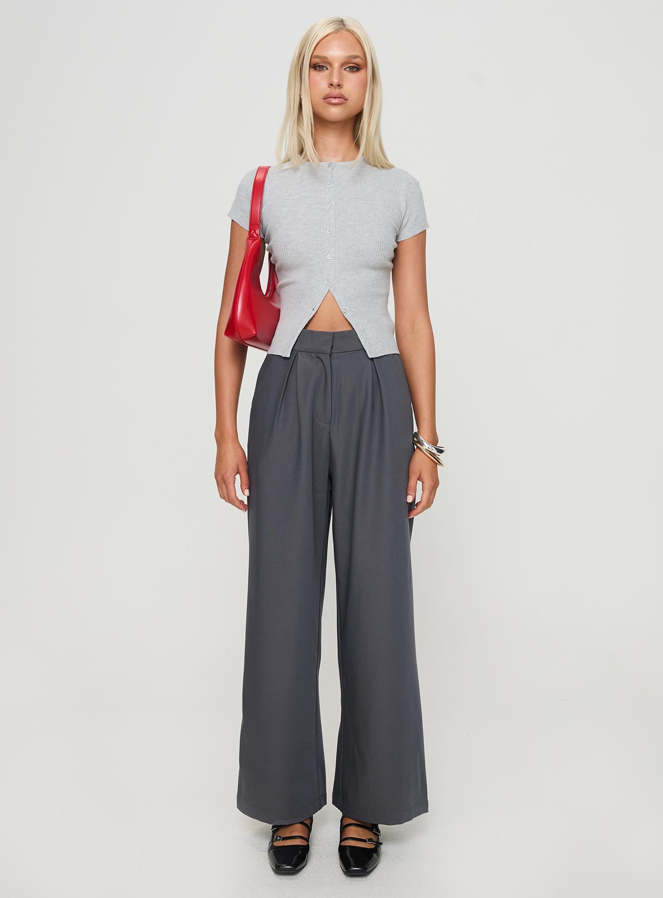 front view of model wearing Princess Polly Relaxed Pants Charcoal High Waisted Pants 