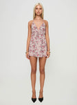 back view of model wearing Princess Polly Renaud Mini Dress Pink Floral Plunger 