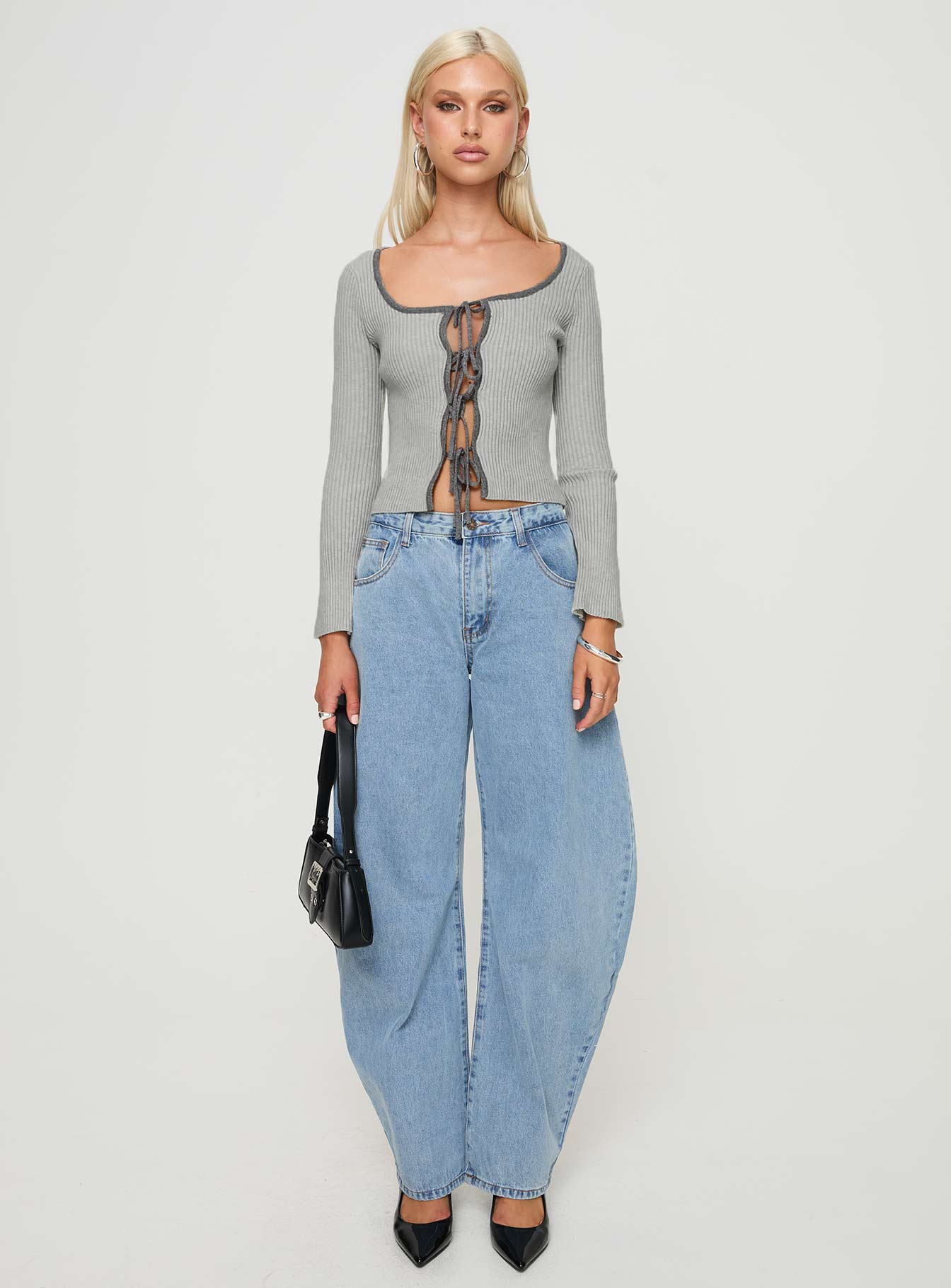 side view of model wearing Princess Polly Tahlea Long Sleeve Top Grey Full Sleeves Scoop Neck 