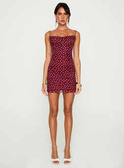 back view of model wearing Princess Polly Sugar Mini Dress Red Polka Cowl Neck 