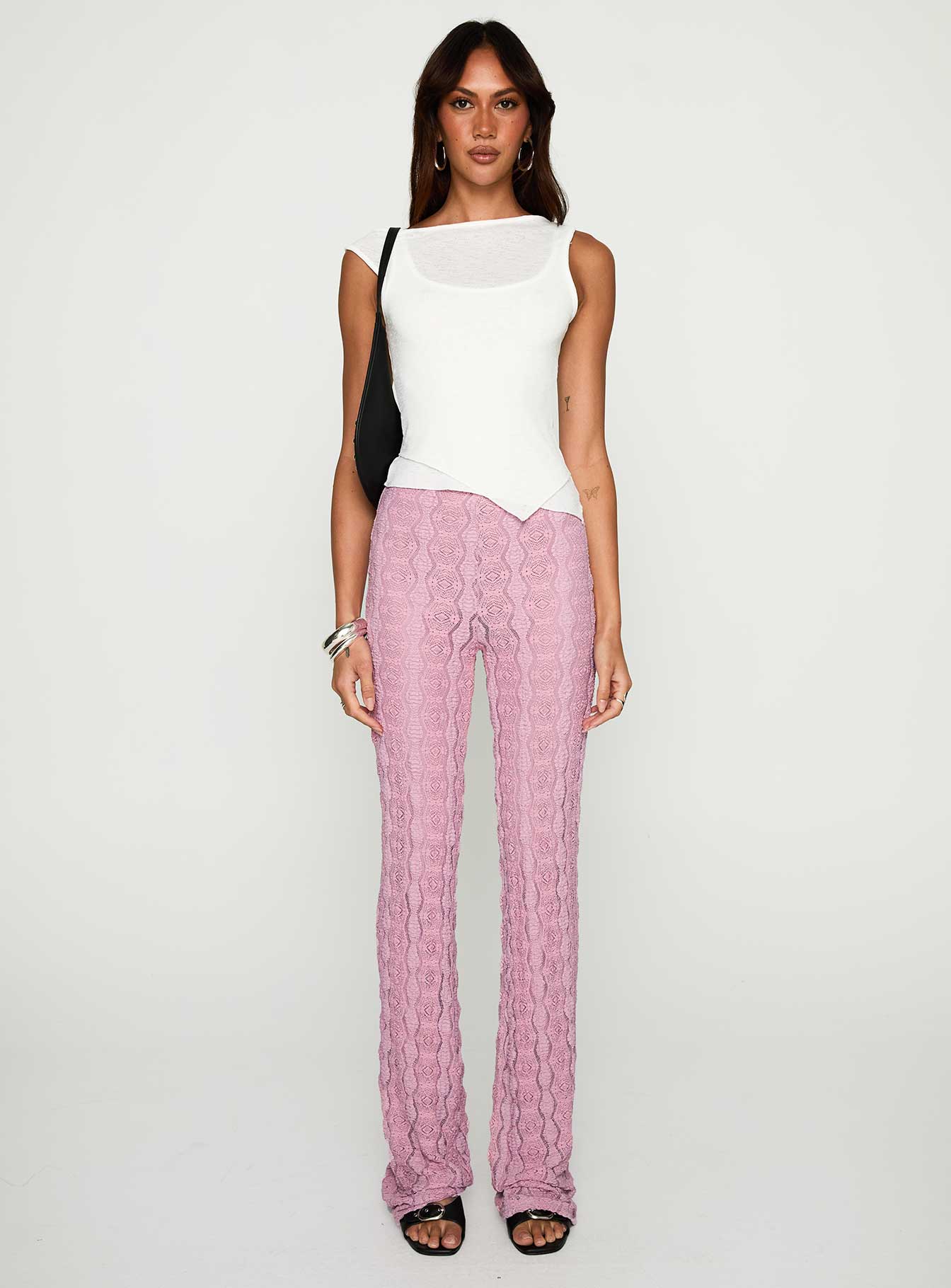 front view of model wearing Princess Polly Carnivale Pants Pink High Waisted Pants 