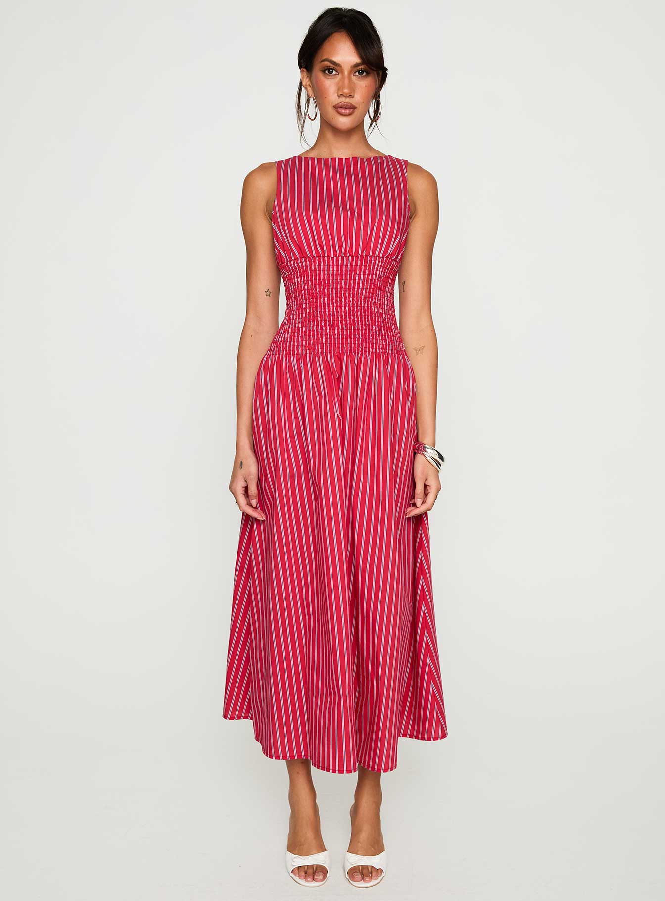 front view of model wearing Princess Polly Lilienne Cotton Poplin Maxi Dress Red Stripe Crew Neck 