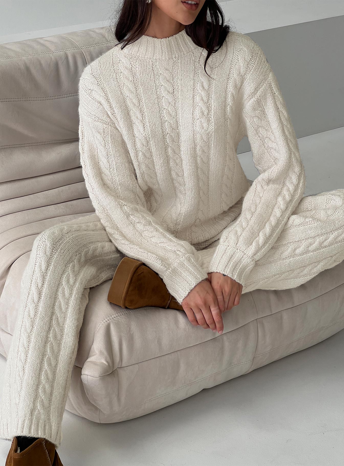 front view of model wearing Princess Polly Sharif Cable Knit Pants Beige High Waisted Pants 