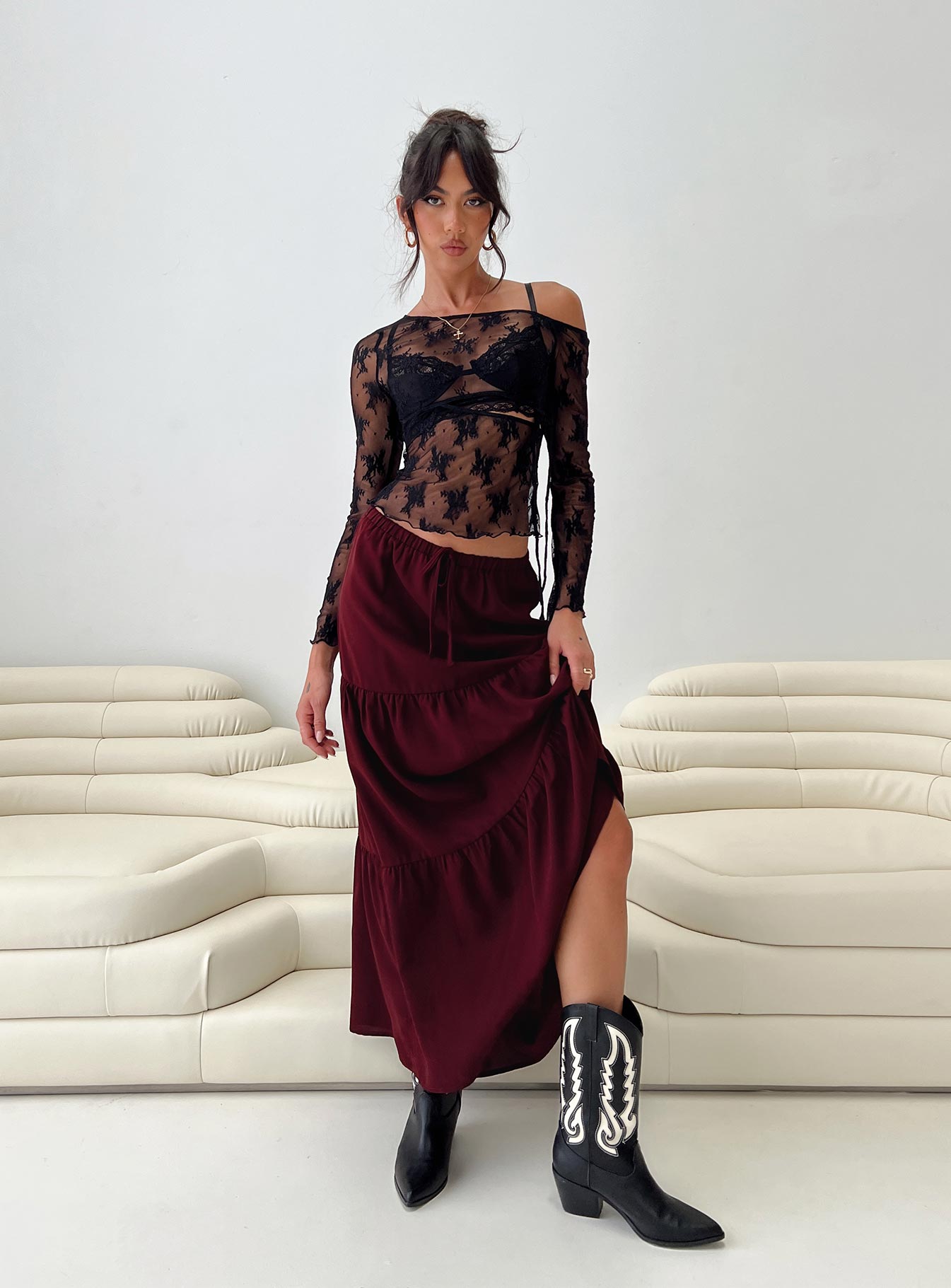 Burgundy top skirt maxi