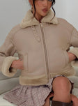 Beige Faux leather jacket Gold toned hardware, zip fastening down front, buckle fastening at neck, twin hip pockets