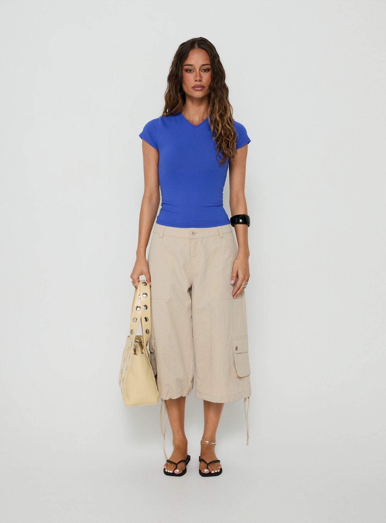 Daily Define High V Neck Short Sleeve Top Blue