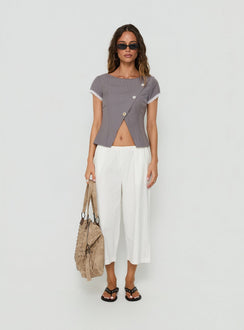 Margherite Asymmetrical Button Detail Short Sleeve Top Grey Stripe