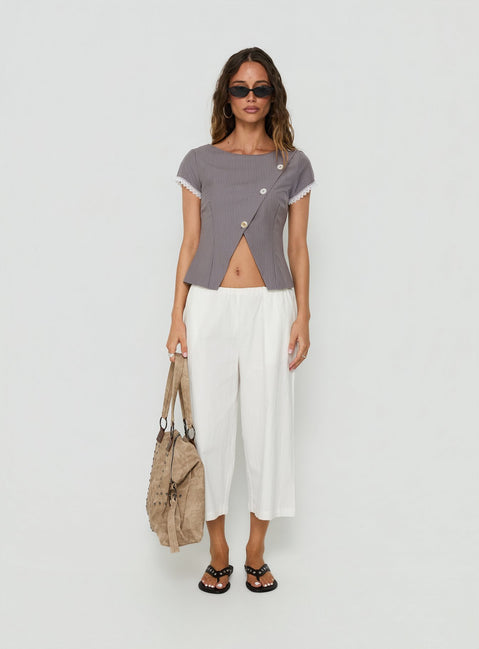 Margherite Asymmetrical Button Detail Short Sleeve Top Grey Stripe